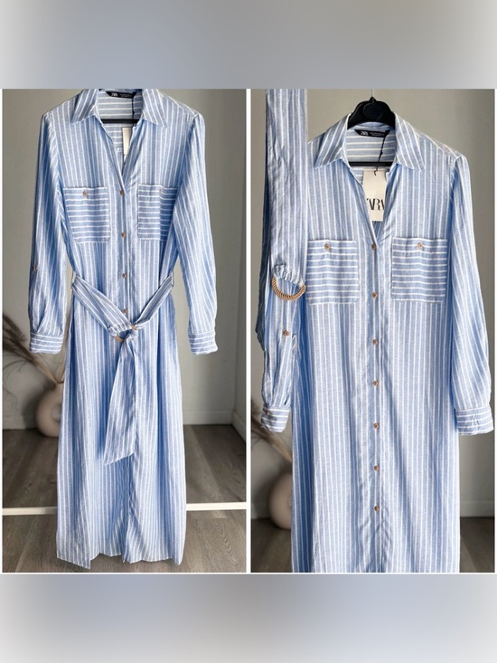 Zara Dresses & Skirts - Zara Linen Blend Midi Shirt Dress Blue White Stripe Belted XS